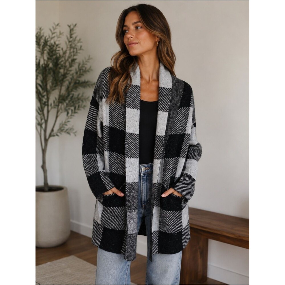 By Anthropologie Black Gray Plaid Open Front Cardigan Sweater Size Small